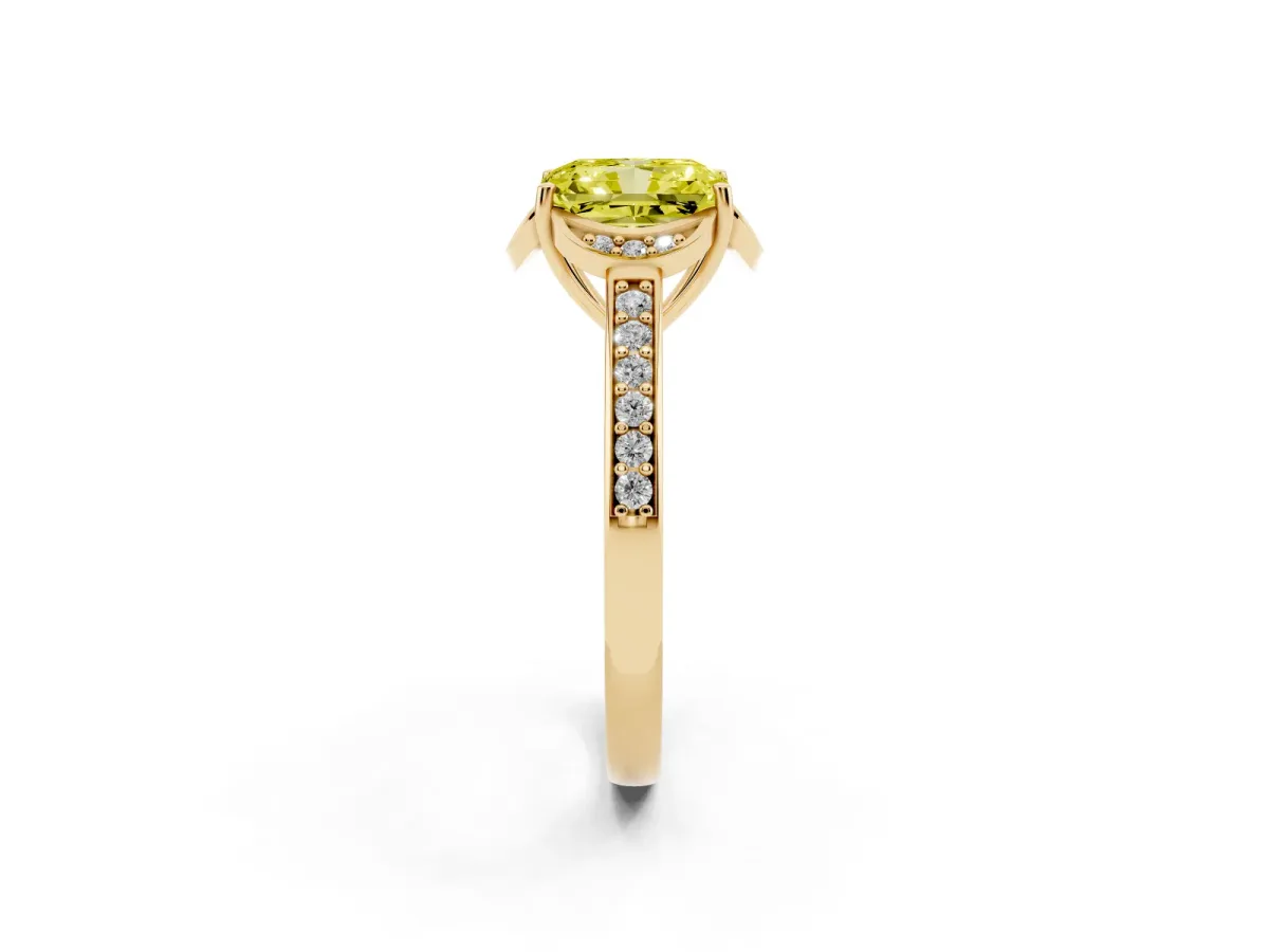 Fancy Yellow Radiant Cut Cut Halo Diamond Ring with Channel Set Band and Four-Prong Setting Yellow gold
