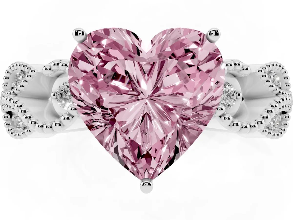 Fancy Pink Heart Cut Solitaire Milgrain Leaf Band with Prong Setting Silver