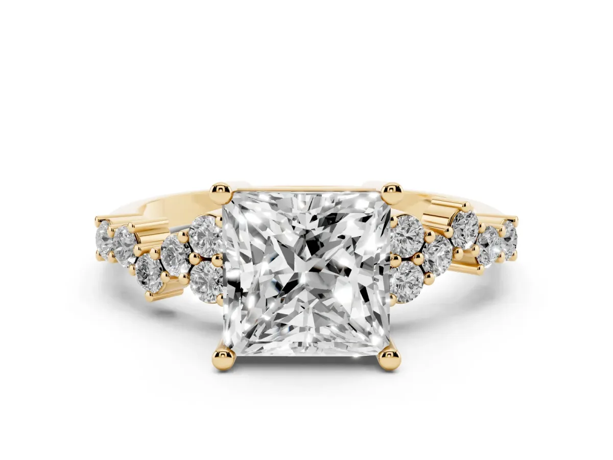 Princess Cut Diamond Scattered Round Accent Ring with Prong Setting Yellow gold