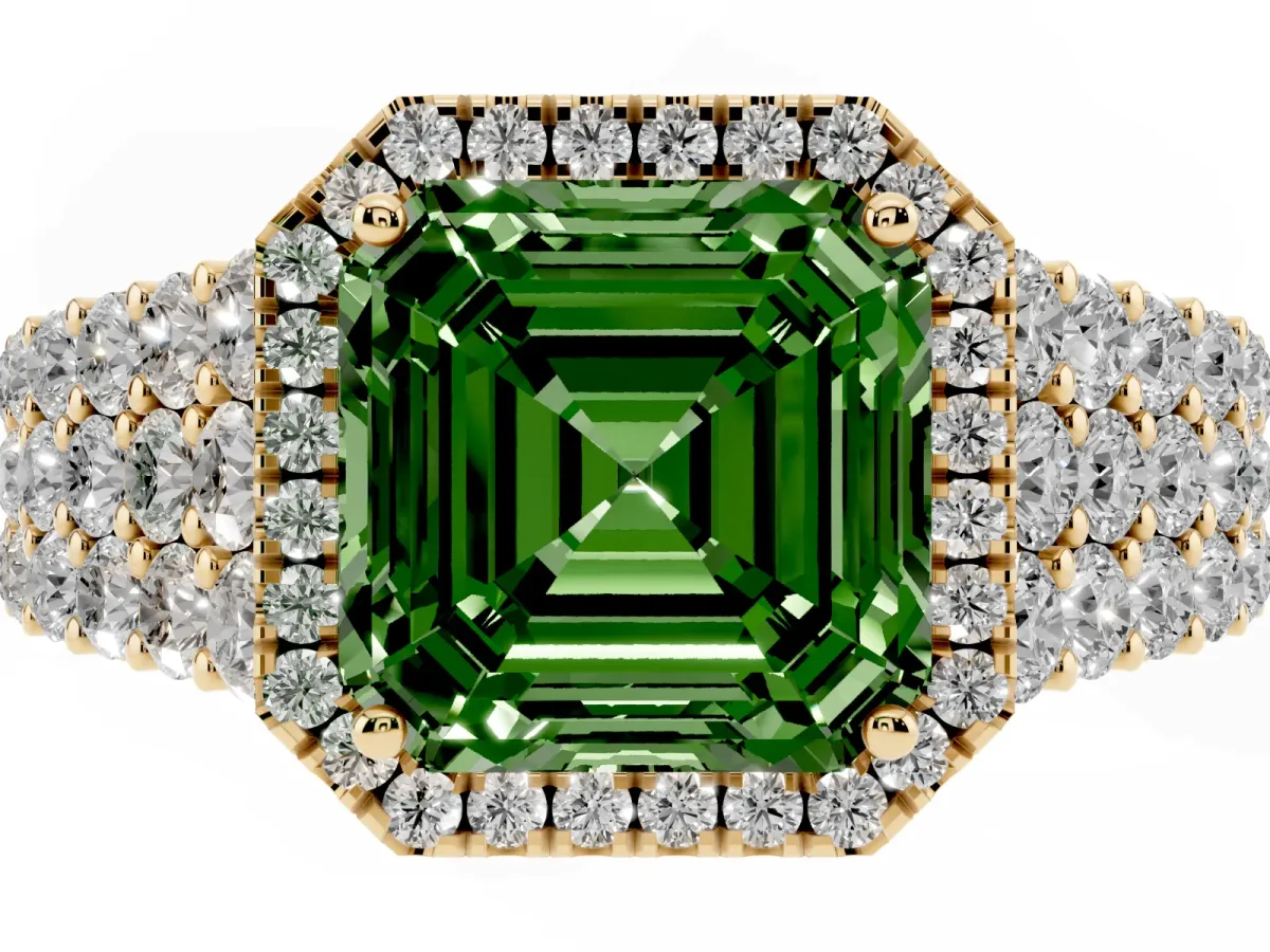Fancy Green Asscher Cut Diamond Halo Engagement Ring with Triple Row Round Pavé Band and Prong Setting Yellow gold
