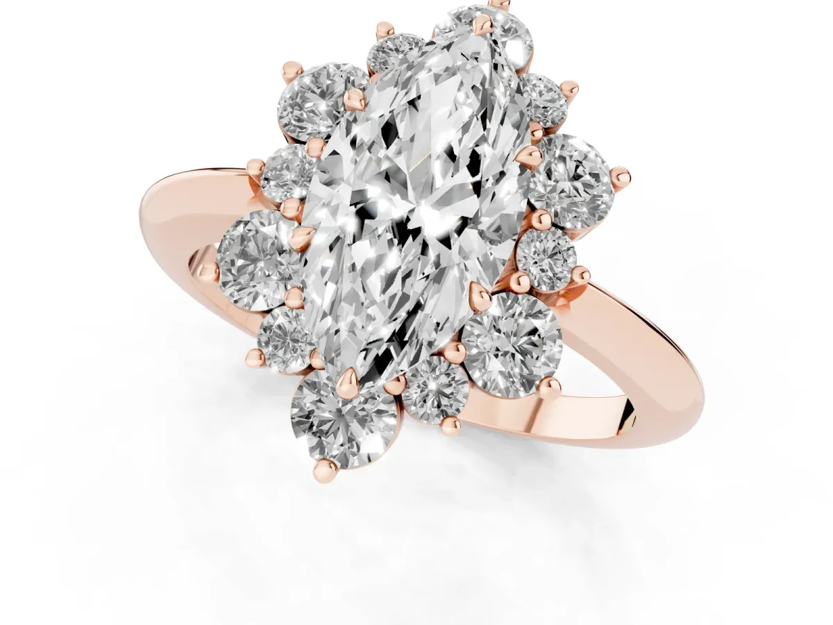Marquise Cut Diamond Cluster Halo Ring with Solitaire Band and Four-Prong Setting Rose gold