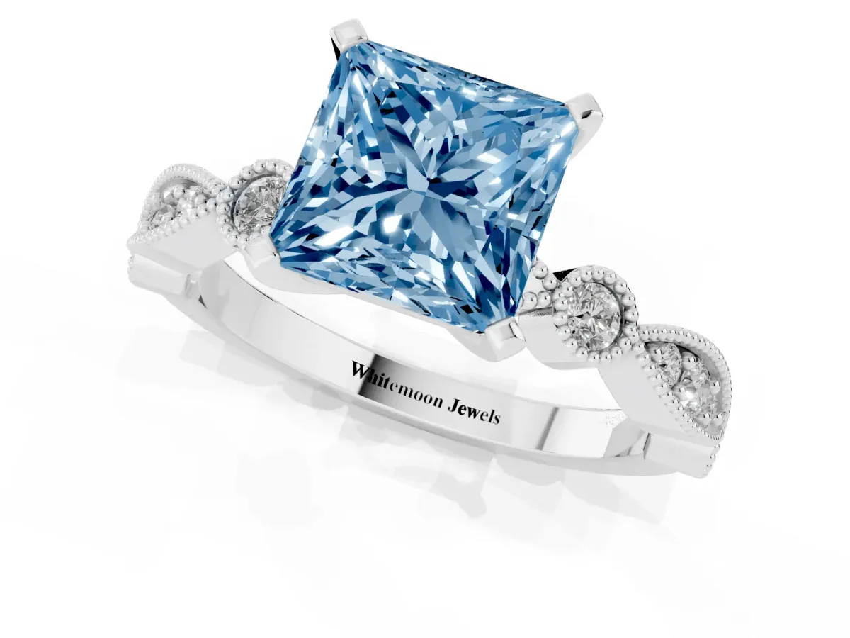 Fancy Blue Princess Cut Milgrain Bezel Diamond Engagement Ring with Solitaire Prong Setting Silver