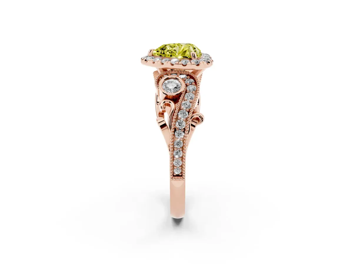 Fancy Yellow Heart Cut Diamond Halo Ring with Milgrain Pavé Band and Four-Prong Setting Rose gold