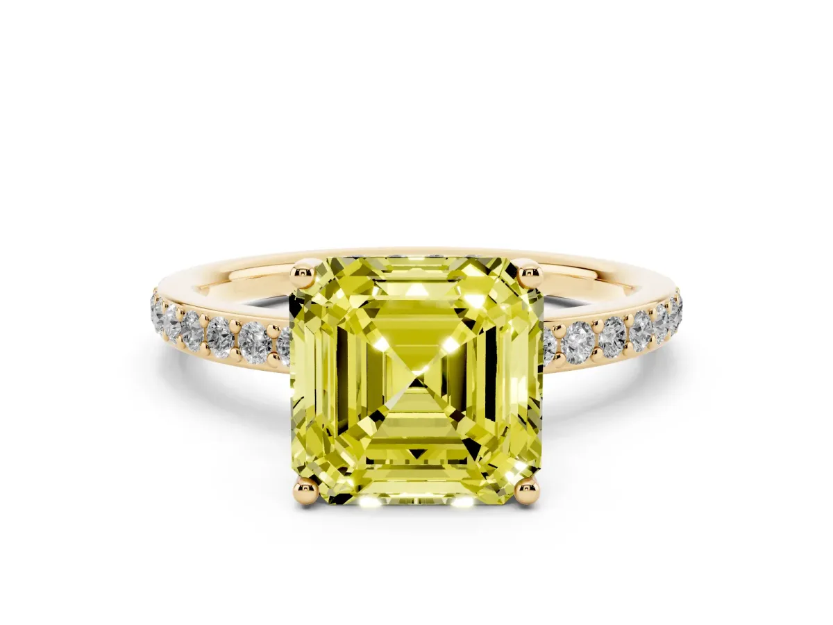 Fancy Yellow Asscher Cut Cut Diamond Pavé Band Ring with Four-Prong Setting Yellow gold