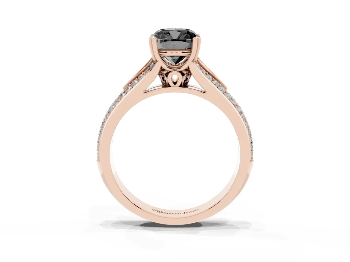 Fancy Black Cushion Cut Diamond Split Shank Engagement Ring with Pavé Band Rose gold