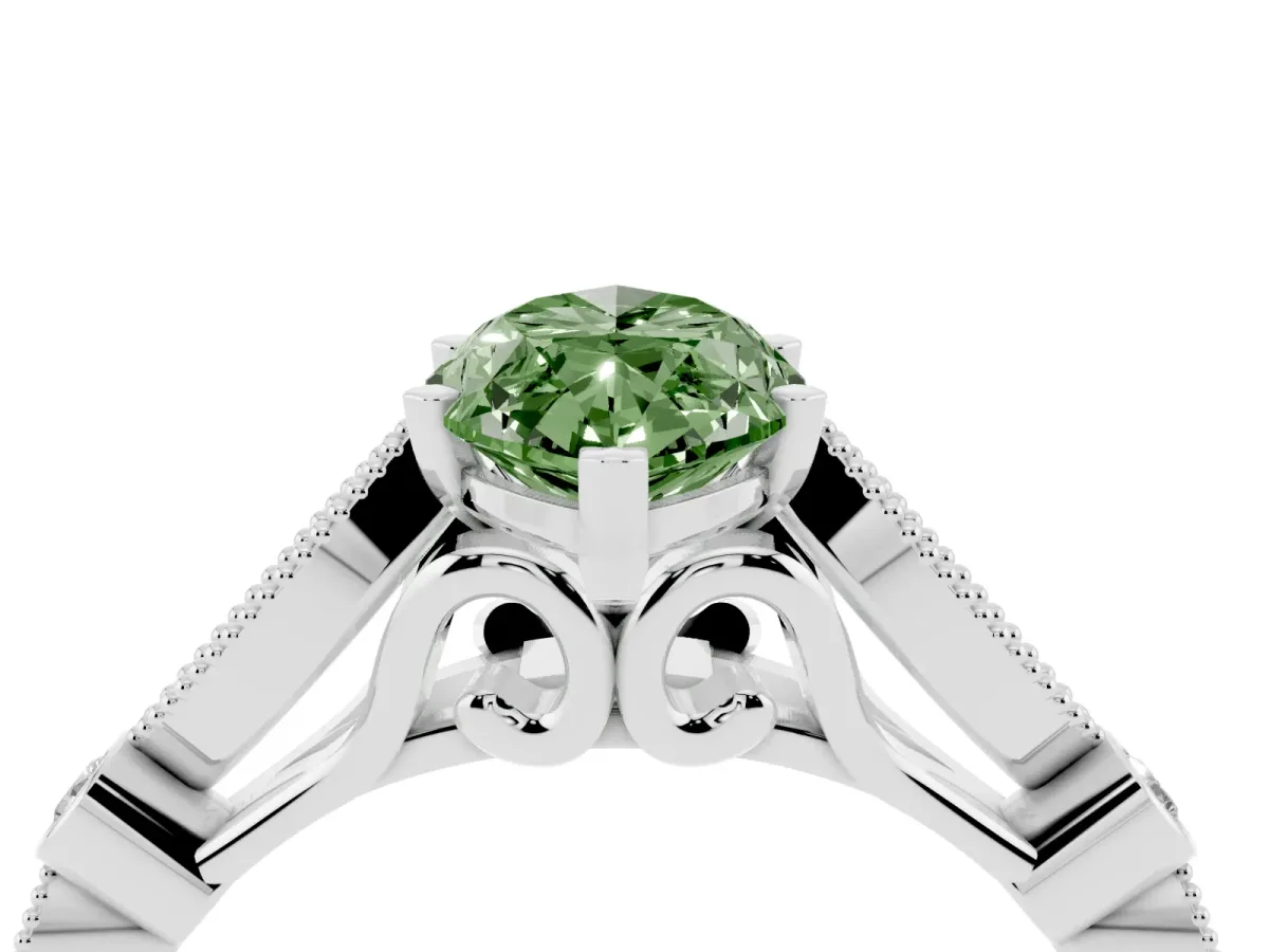 Fancy Green Marquise Cut Cut Diamond with Milgrain Marquise and Bezel Accents on a Solitaire Band with Prong Setting White gold