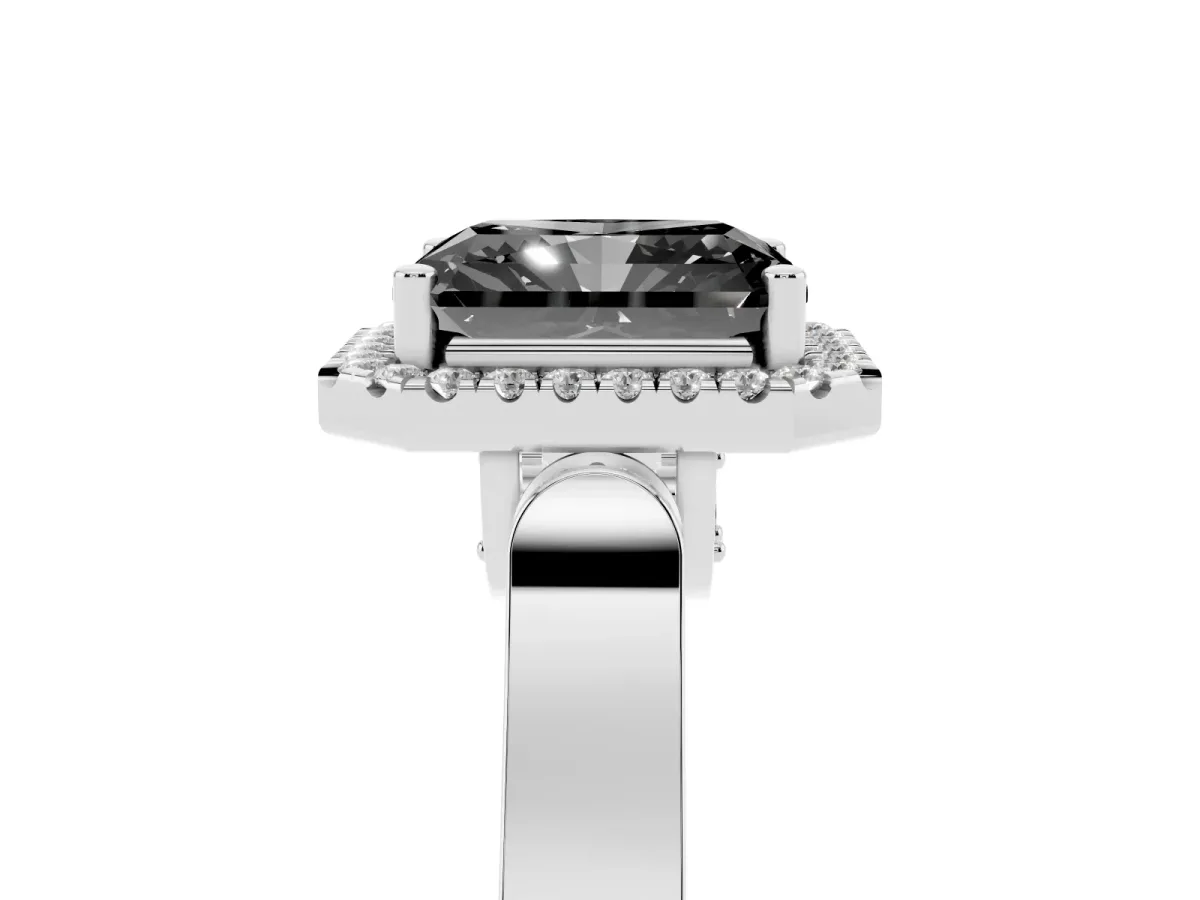 Fancy Black Radiant Cut Halo Round Diamond Twist Band with Four-Prong Setting White gold