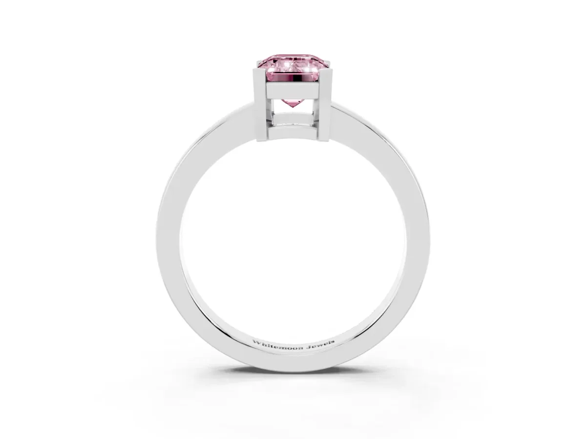 Fancy Pink Emerald Cut Cut Solitaire Ring with Four-Prong Setting and Classic Band Silver