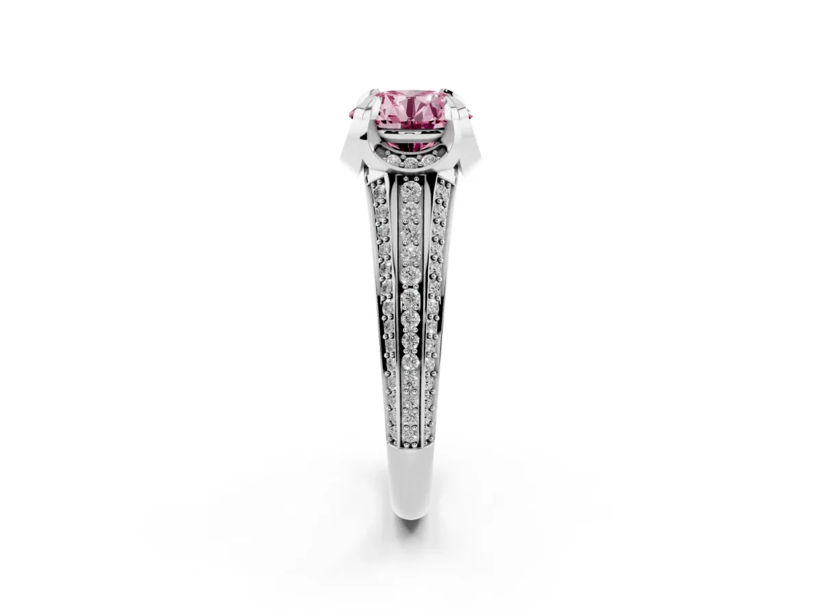 Fancy Pink Round Cut Solitaire Pave Split Shank Ring with Four-Prong Setting Platinum