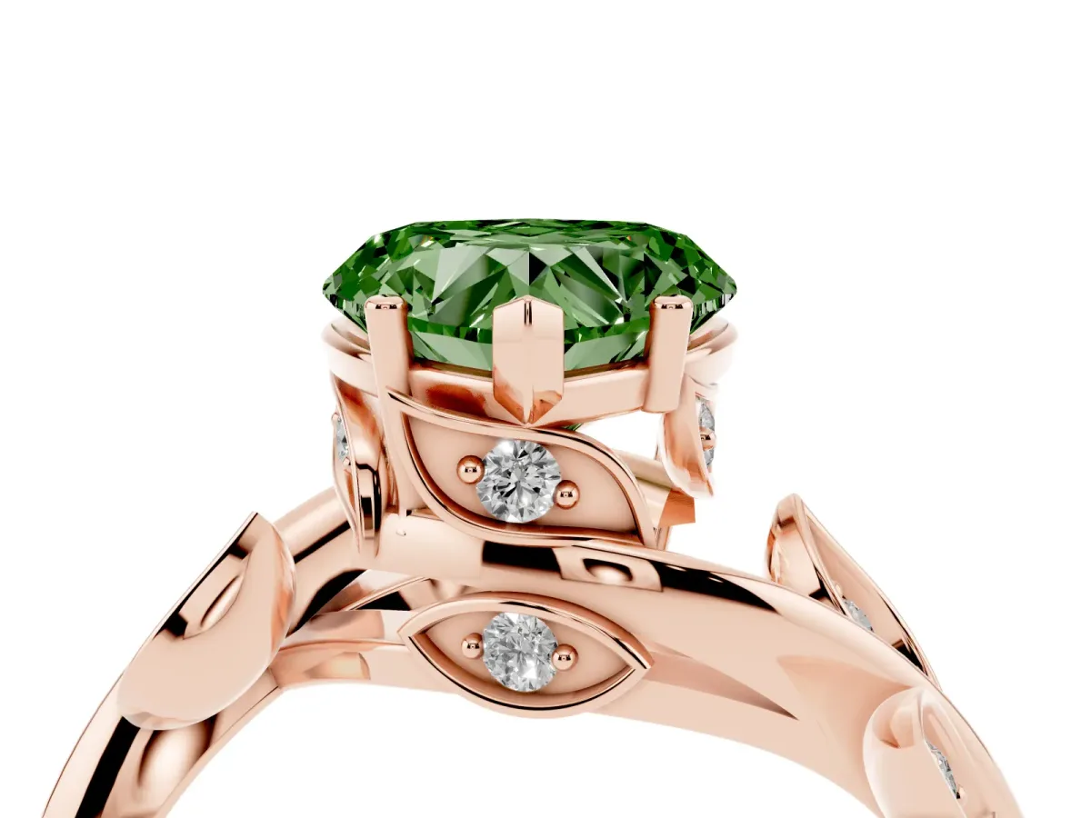 Fancy Green Heart Cut Solitaire Twist Engagement Ring with Leaf Accents and Prong Setting Rose gold