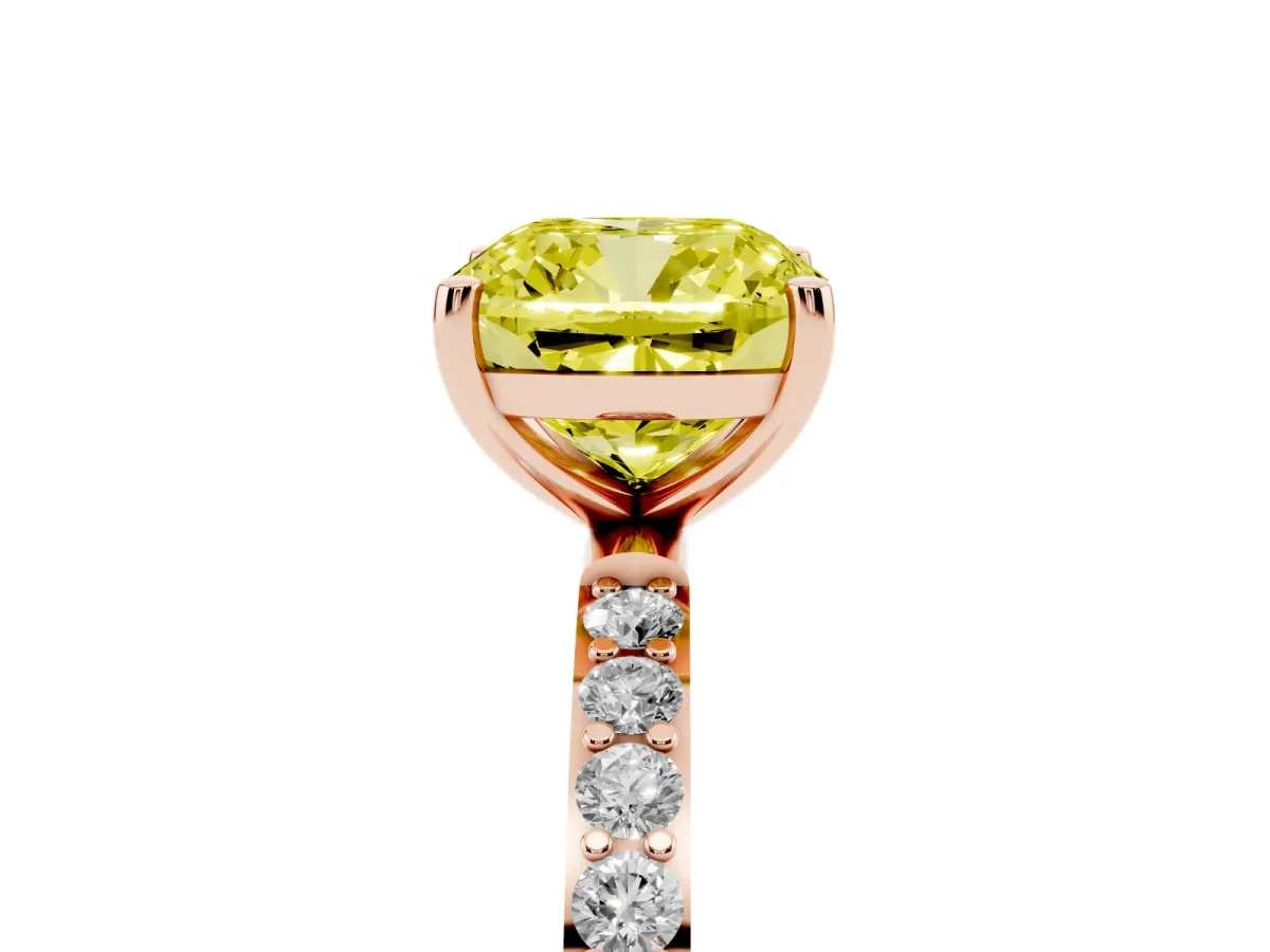 Fancy Yellow Cushion Cut Diamond Solitaire Ring with Round Pavé Shoulders and Prong Setting Rose gold