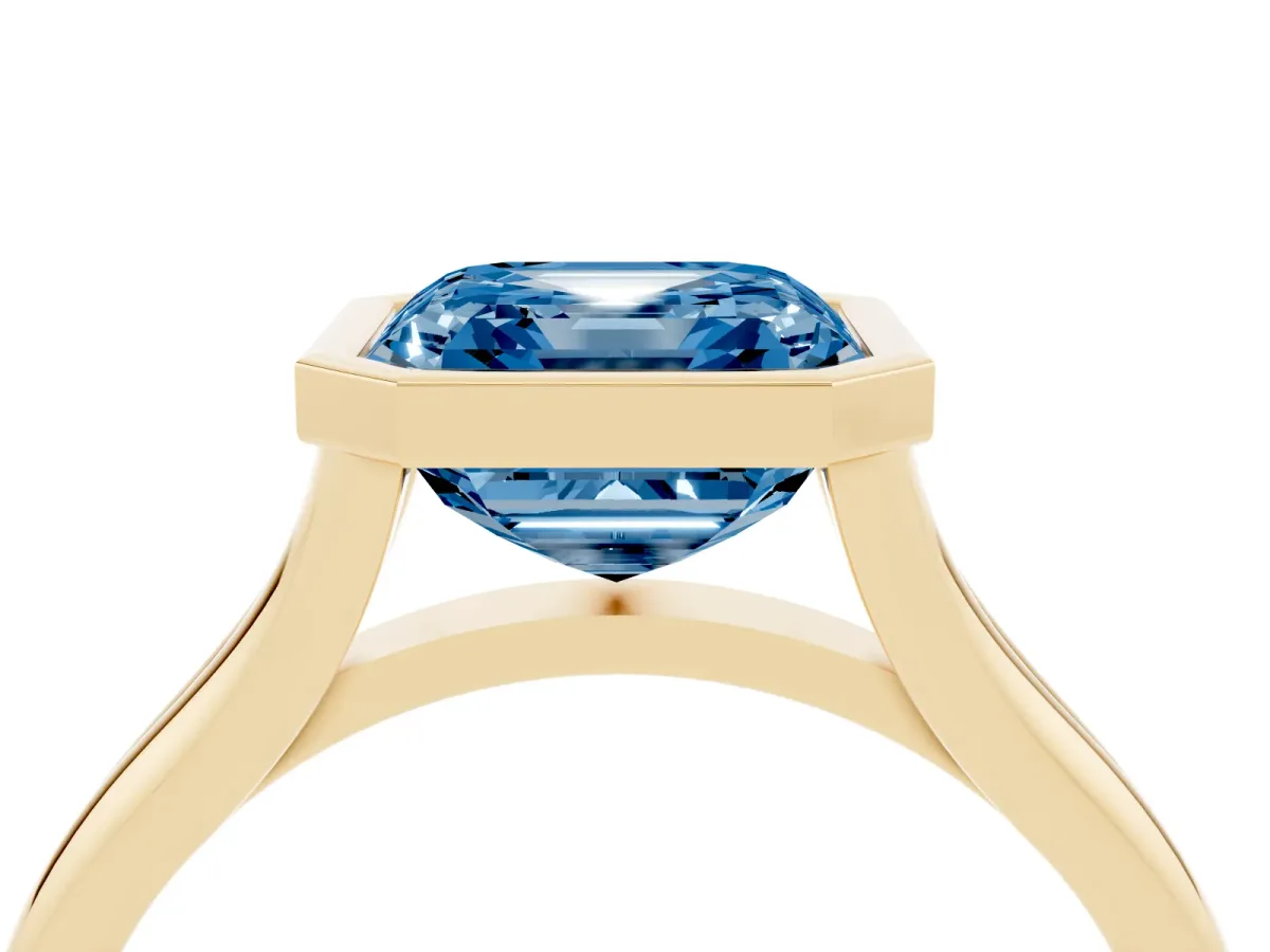 Fancy Blue Bezel Set Asscher Cut Cut Solitaire Ring with Tapered Band Yellow gold
