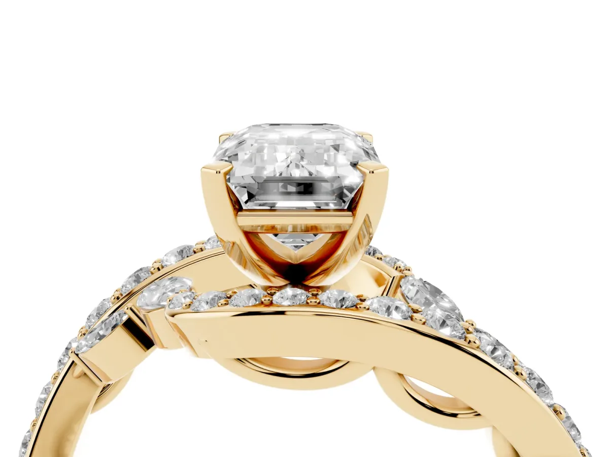 Emerald Cut Solitaire with Pavé Twist Band and Four-Prong Setting Yellow gold