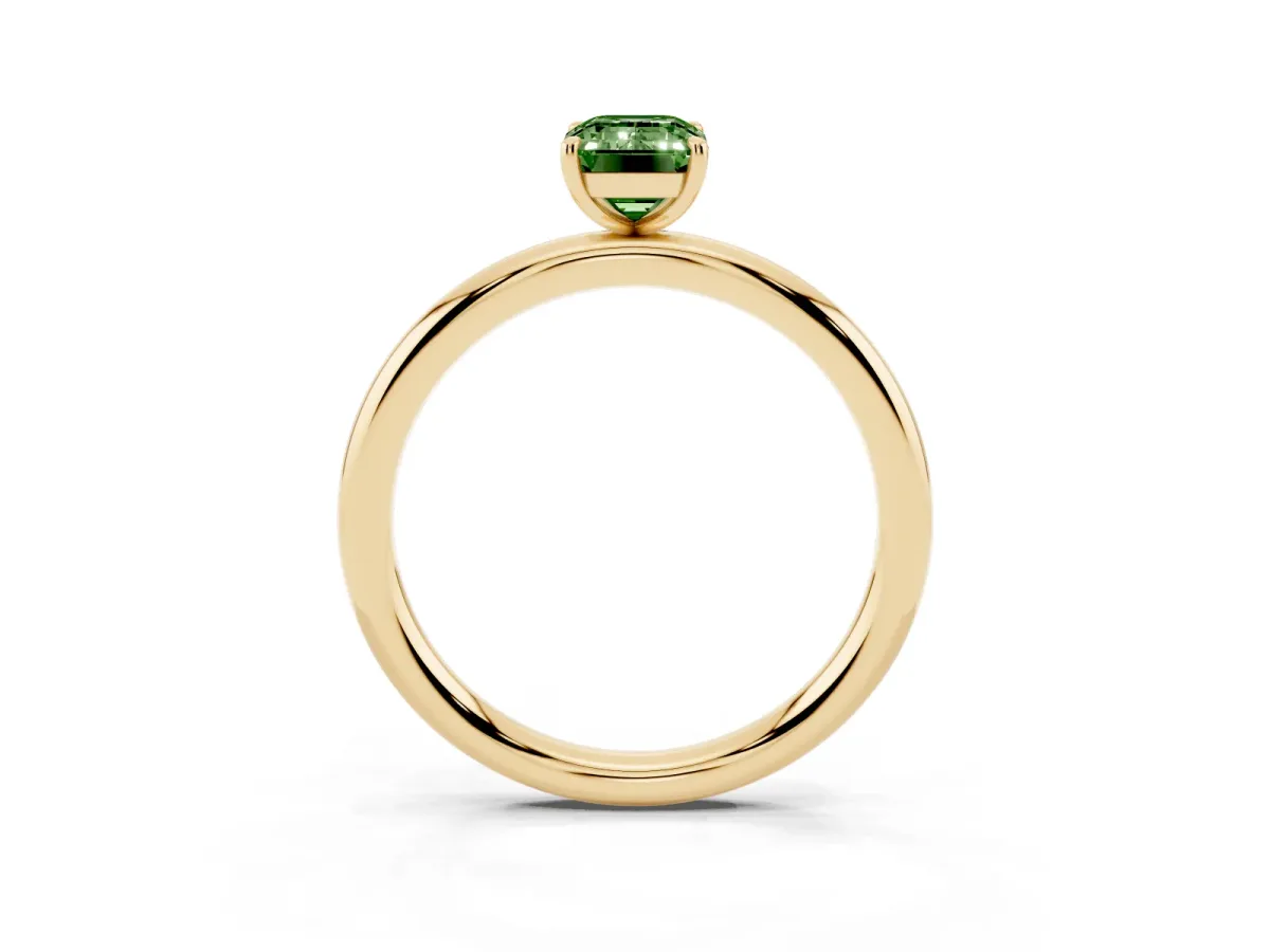 Fancy Green Emerald Cut Solitaire Diamond Ring with Four-Prong Setting on a Plain Band Yellow gold