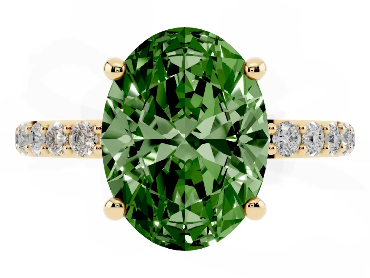 Fancy Green Oval Cut Diamond Solitaire Ring with Round Pavé Band and Prong Setting Yellow gold