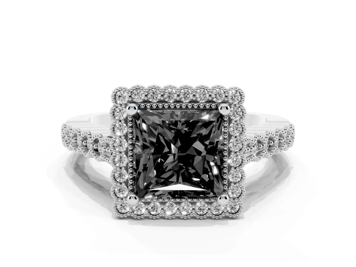 Fancy Black Princess Cut Cut Halo Pavé Solitaire Ring with Milgrain Band Silver
