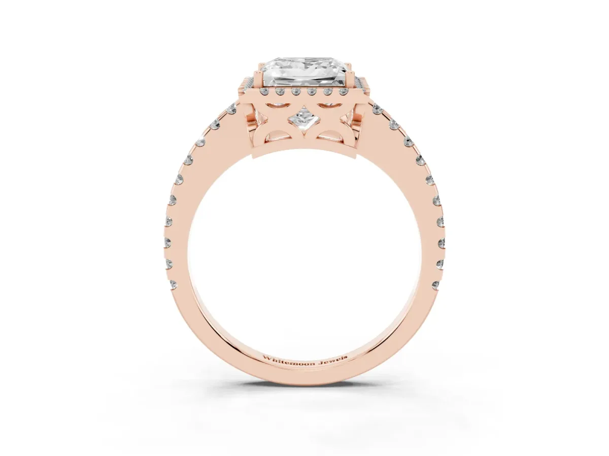 Princess Cut Diamond Halo Engagement Ring with Pavé Band and Prong Setting Rose gold