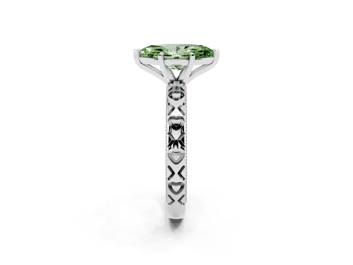 Fancy Green Marquise Cut Solitaire Diamond Engagement Ring with XO Engraved Band and Four-Prong Setting Platinum