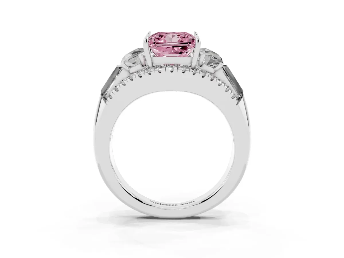 Fancy Pink Three-Stone Princess Cut Diamond Engagement Ring with Pave Band and Prong Setting Silver