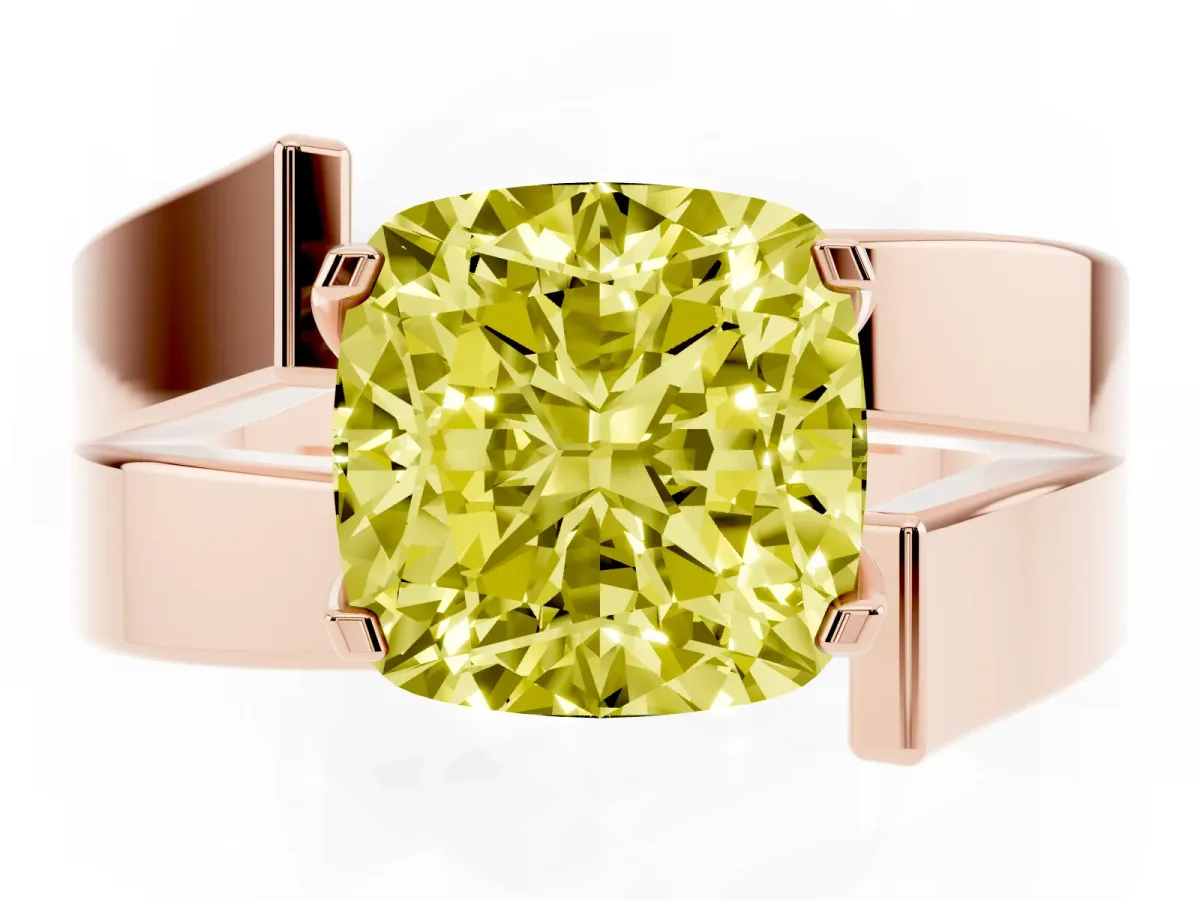 Fancy Yellow Modern Tension Set Cushion Cut Diamond Solitaire Wide Band Ring Rose gold
