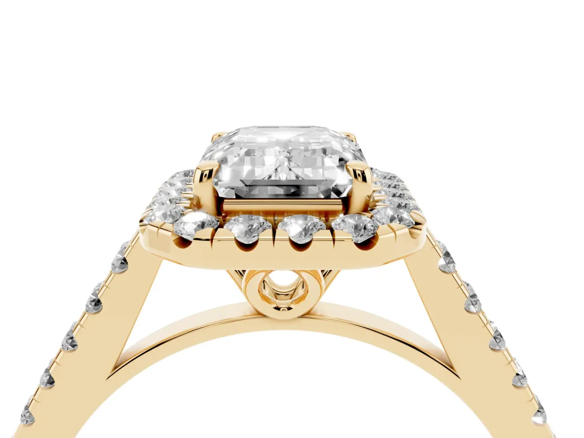 Emerald Cut Halo Pavé Diamond Engagement Ring with Four-Prong Setting Yellow gold