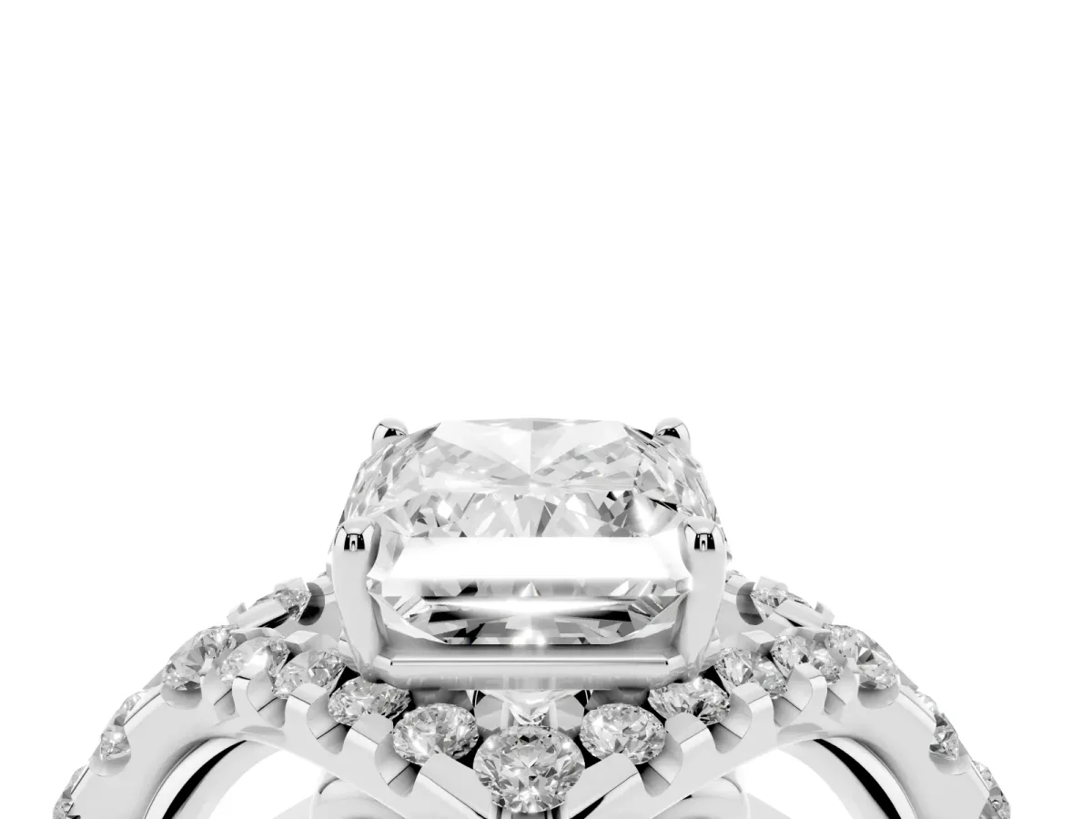 Radiant Cut Diamond Solitaire Ring with Hidden Halo and Pavé Band Silver