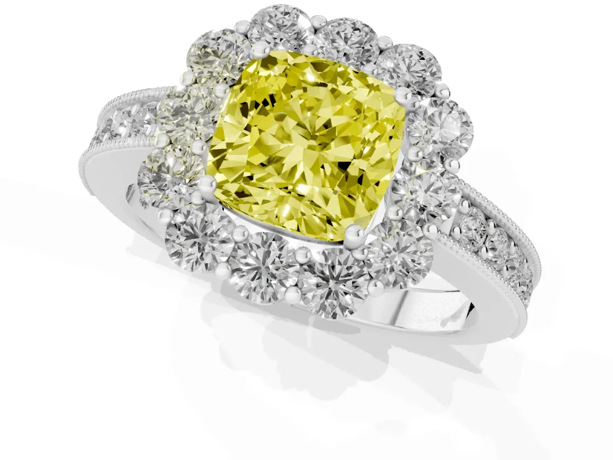Fancy Yellow Cushion Cut Cut Halo Diamond Pavé Engagement Ring with Milgrain Detailing White gold