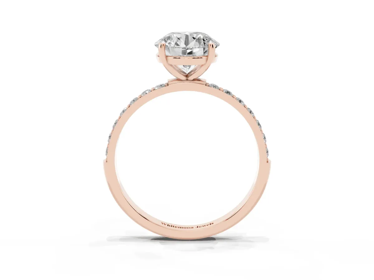 Round Cut Diamond Solitaire Ring with Round Pavé Shoulders and Prong Setting Rose gold