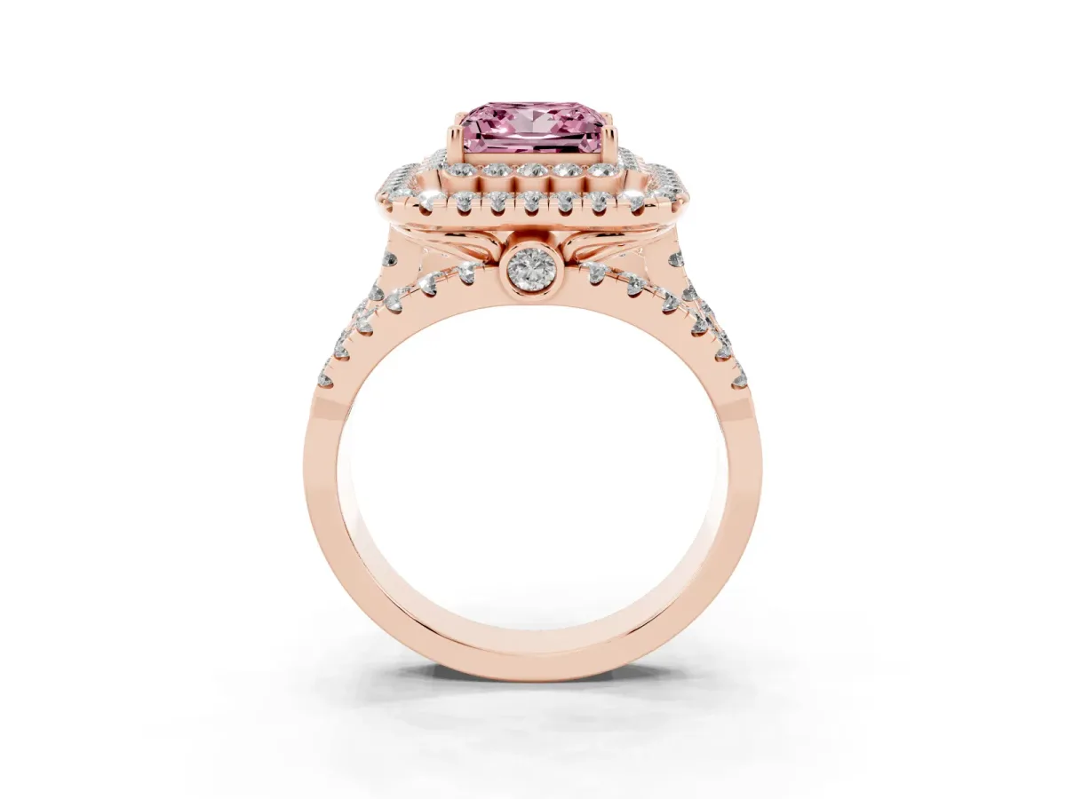 Fancy Pink Princess Cut Diamond Double Halo Ring with Round Pavé Split Shank and Prong Setting Rose gold