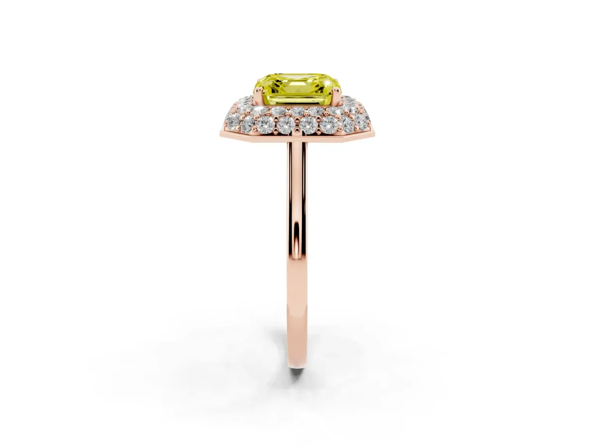 Fancy Yellow Asscher Cut Halo Diamond Engagement Ring with Solitaire Band and Four-Prong Setting Rose gold