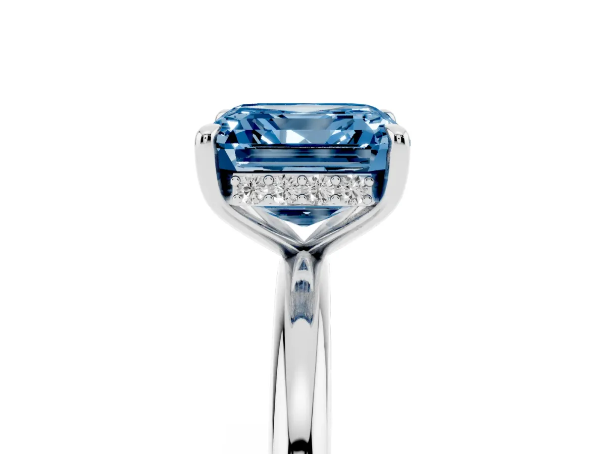Fancy Blue Asscher Cut Diamond Solitaire Ring with Thin Band and Four-Prong Setting Silver