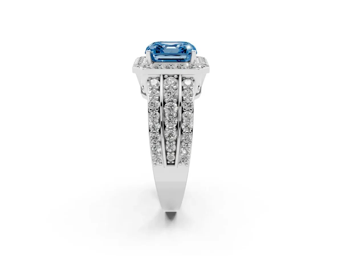 Fancy Blue Asscher Cut Halo Diamond Ring with Round Split Shank and Prong Setting Silver