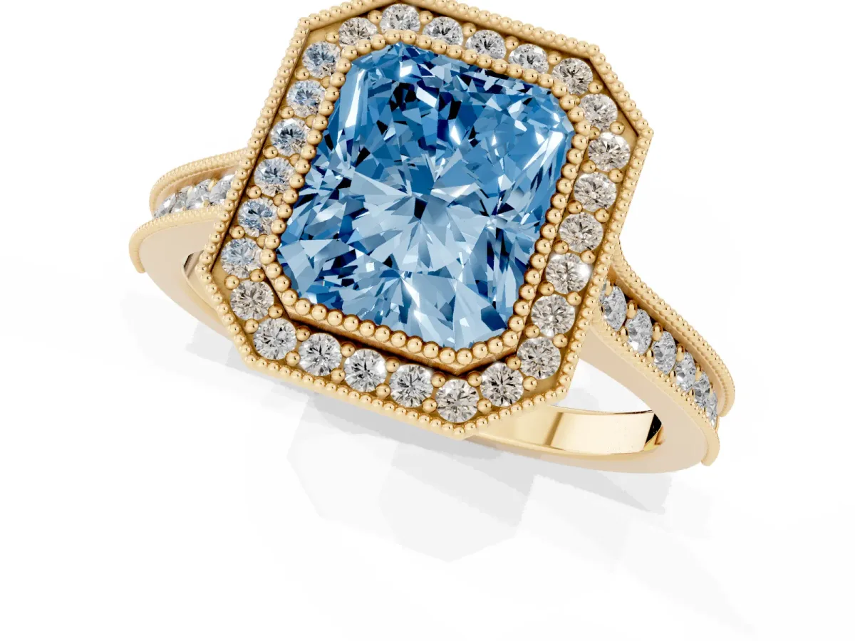 Fancy Blue Halo Radiant Cut-Cut Diamond Pave Band Milgrain Prong Setting Ring Yellow gold