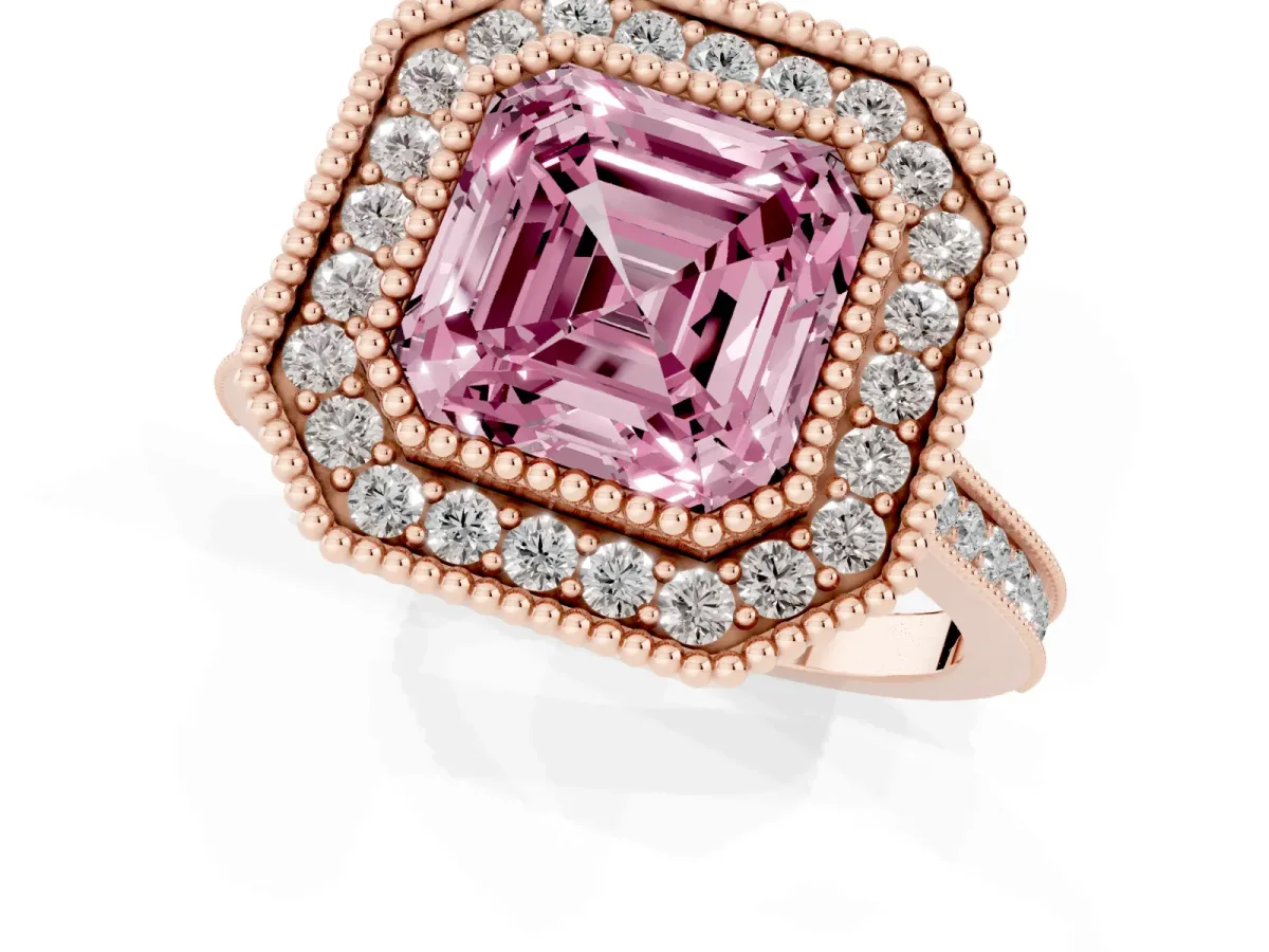 Fancy Pink Asscher Cut Diamond Halo Ring with Milgrain Frame and Pavé Band Rose gold