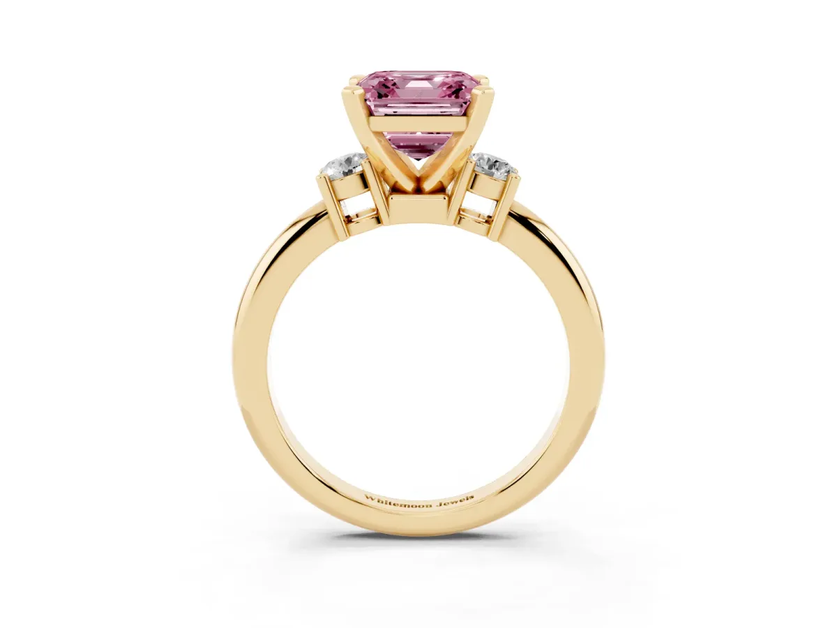 Fancy Pink Three-Stone Asscher Cut Cut Diamond Solitaire with Prong Setting and Classic Band Yellow gold