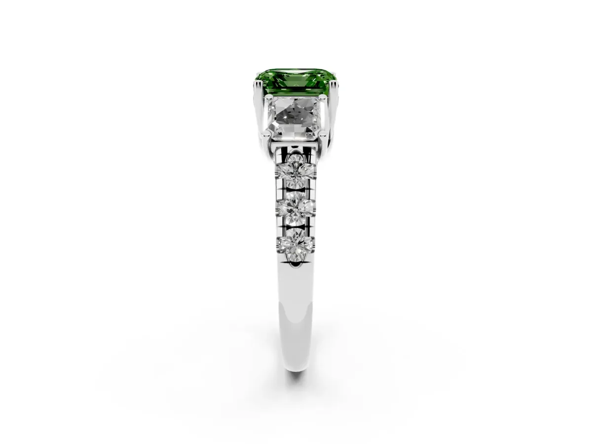 Fancy Green Three-Stone Asscher Cut Diamond Pavé Band with Prong Setting Platinum