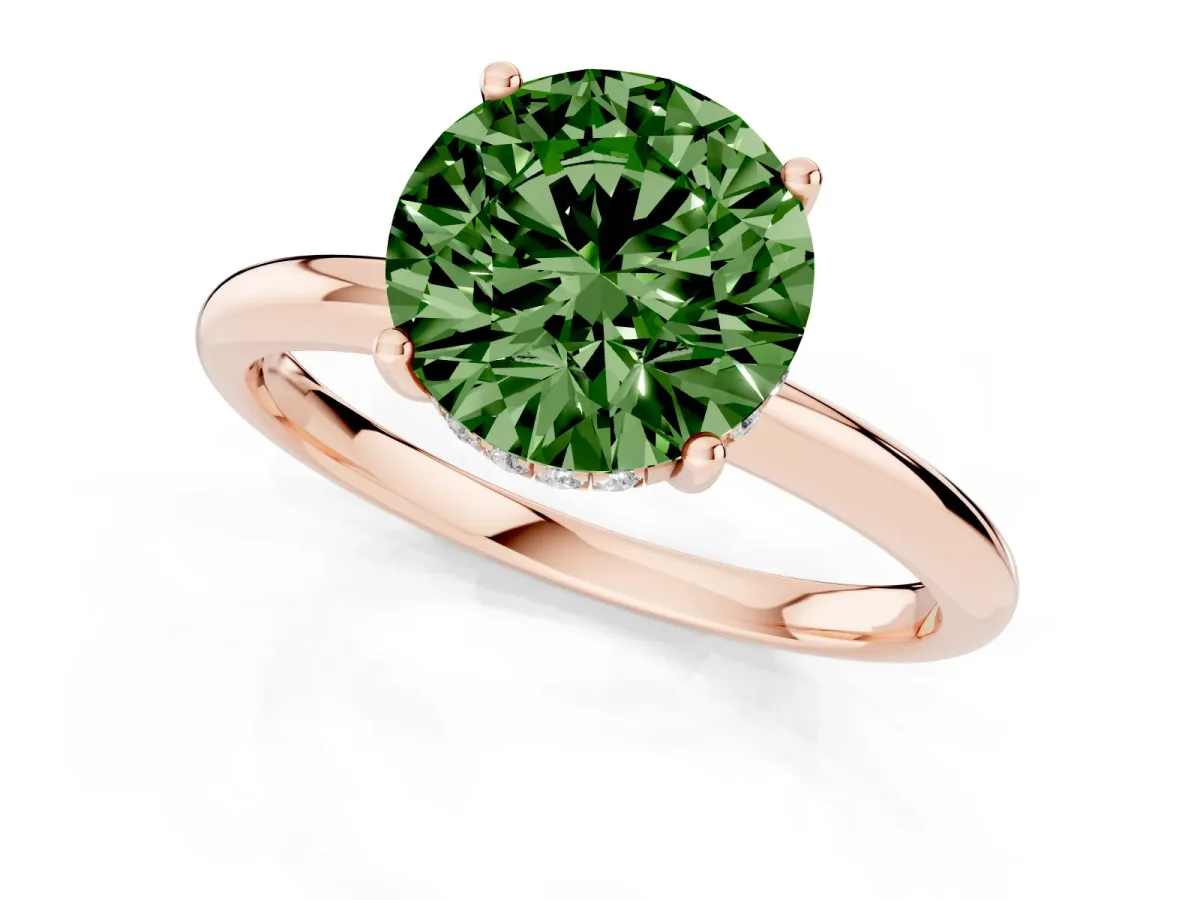Fancy Green Round Cut Cut Solitaire Engagement Ring with Four-Prong Setting and Classic Band Rose gold
