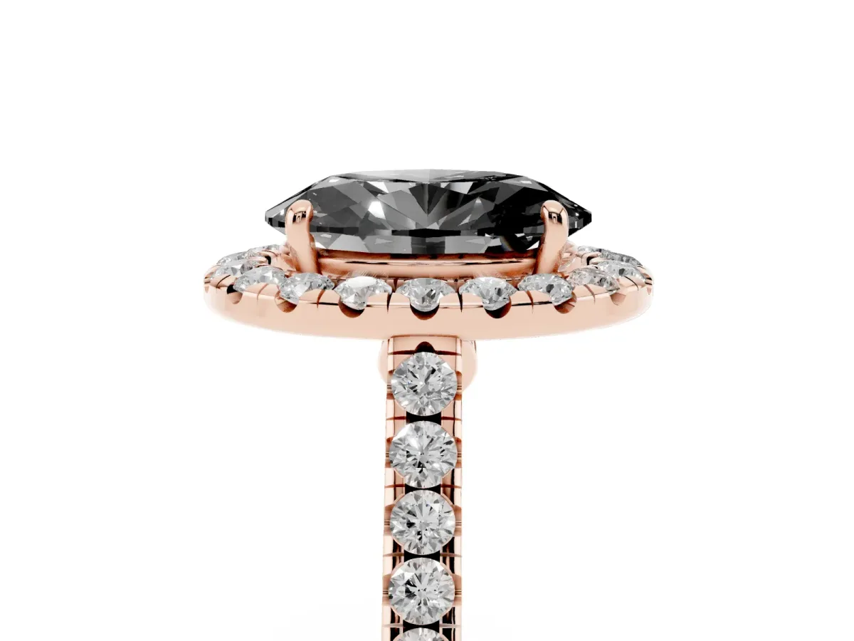 Fancy Black Oval Cut Halo Pave Diamond Engagement Ring with Four-Prong Setting Rose gold