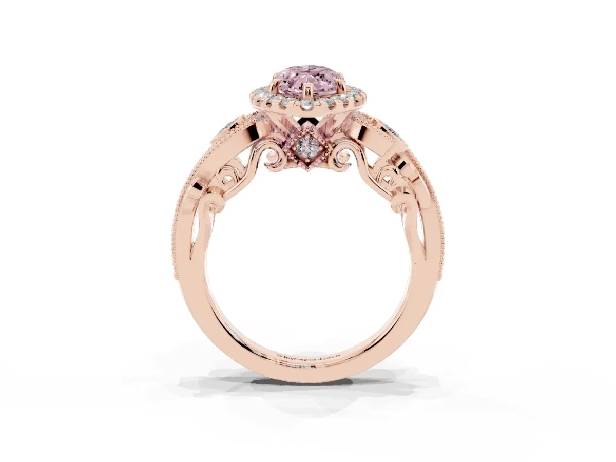 Fancy Pink Marquise Cut Halo Diamond Ring with Milgrain and Bezel Accents on a Split Shank Band Rose gold