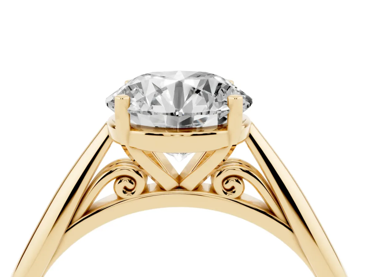 Round Cut Diamond Solitaire Engagement Ring with Cathedral Setting and Four-Prong Mount Yellow gold