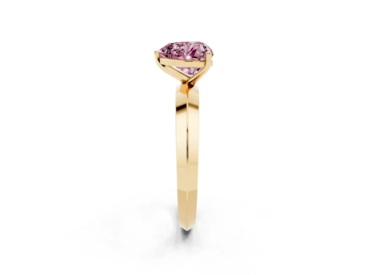 Fancy Pink Heart Cut Cut Solitaire Engagement Ring with Flat Band and Four-Prong Setting Yellow gold