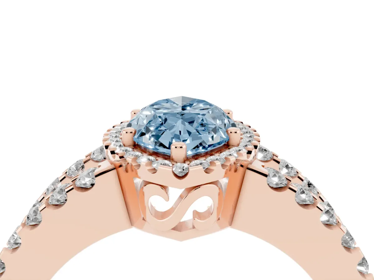 Fancy Blue Marquise Cut Cut Halo Split Shank Diamond Ring with Four-Prong Setting Rose gold