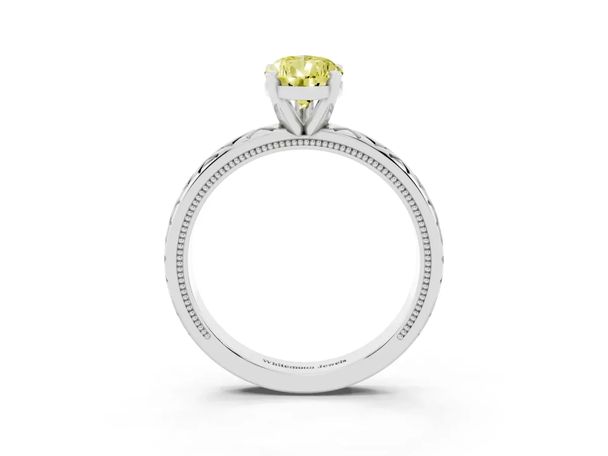 Fancy Yellow Pear Cut Solitaire Diamond Ring with Milgrain and Black Enamel X Pattern Band Silver