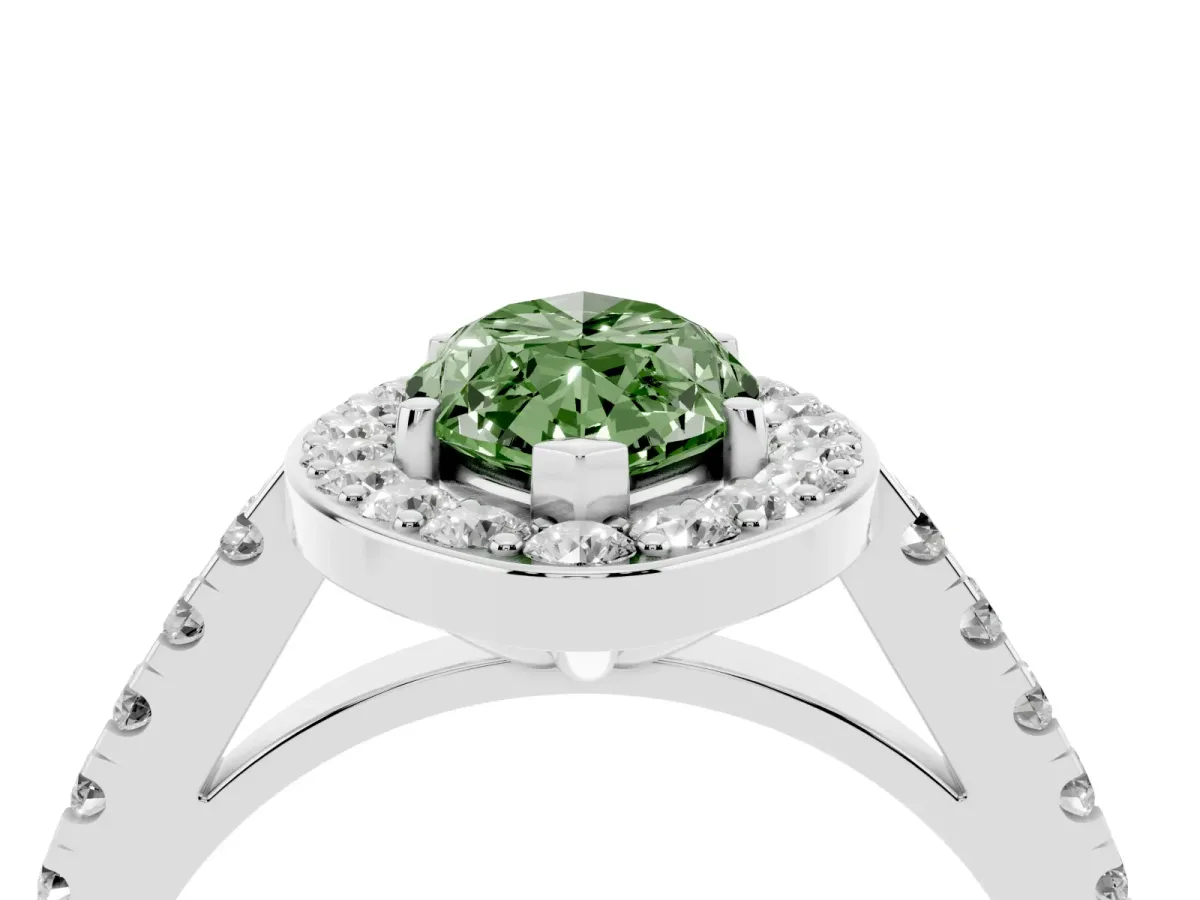Fancy Green Marquise Cut Diamond Halo Ring with Round Pavé Split Shank and Prong Setting Silver