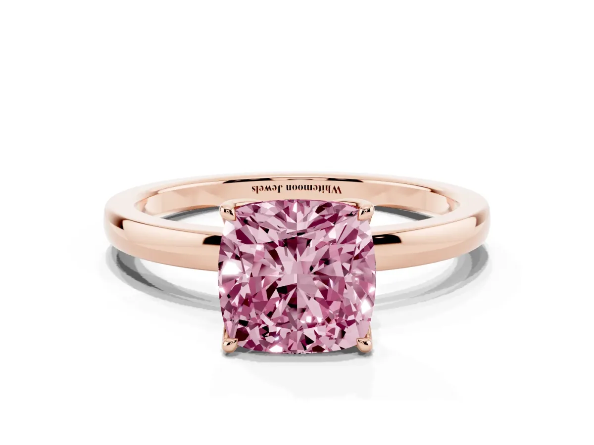 Fancy Pink Cushion Cut Diamond Solitaire Ring with Thin Band and Prong Setting Rose gold