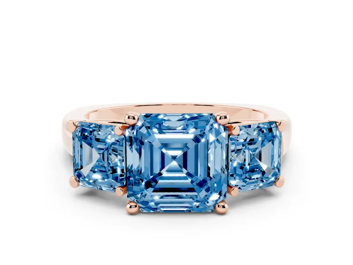 Fancy Blue Three-Stone Asscher Cut Brilliant Diamond Trellis Ring with Comfort Fit Band Rose gold