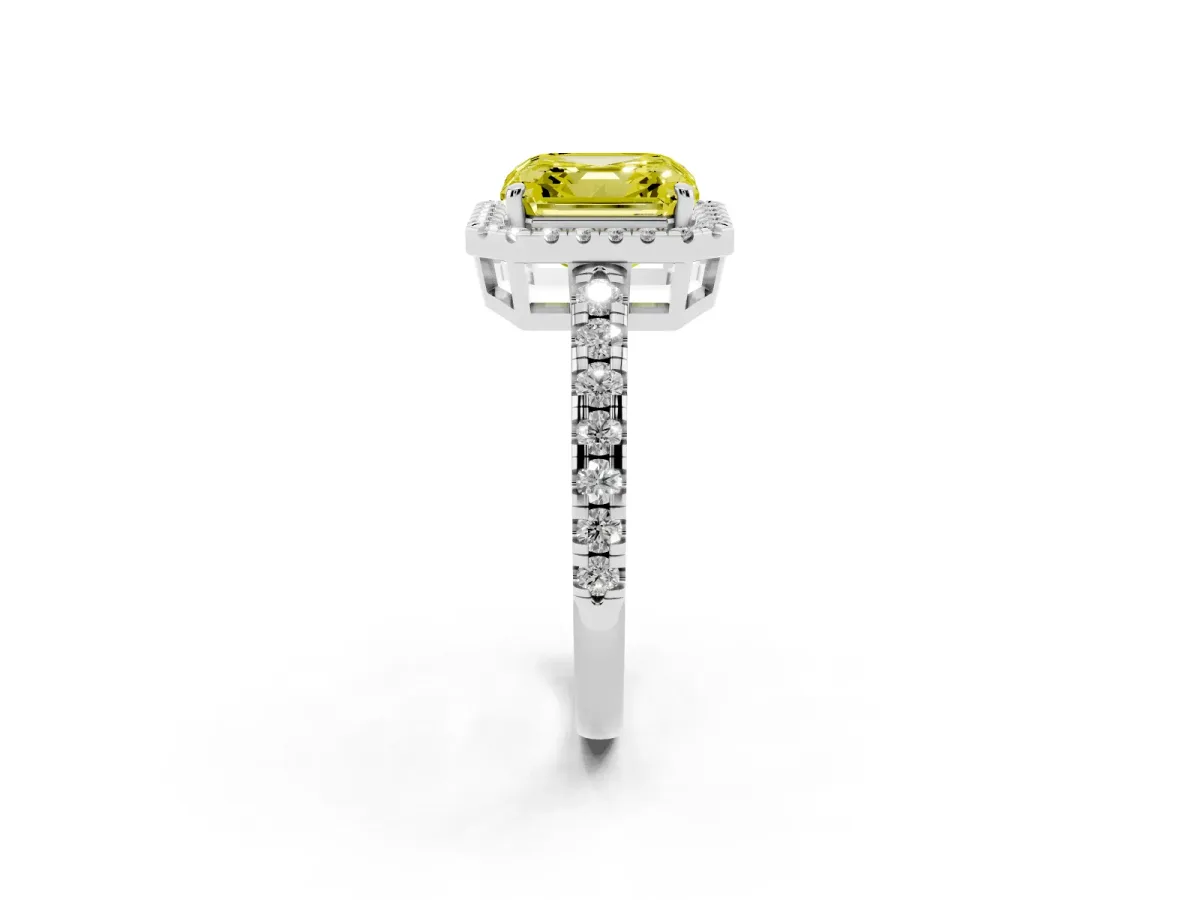 Fancy Yellow Asscher Cut Diamond Halo Ring with Pavé Band and Four-Prong Setting Platinum