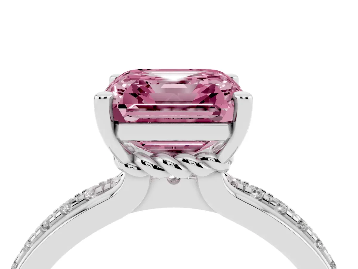 Fancy Pink Asscher Cut Solitaire Diamond Ring with Channel Set Band and Six-Prong Setting White gold