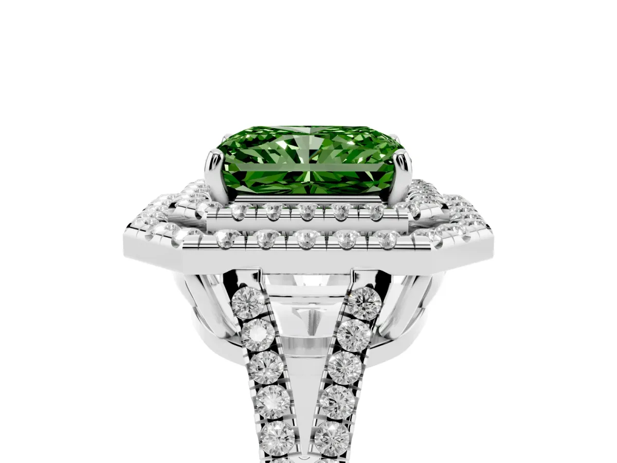 Fancy Green Radiant Cut Diamond Double Halo Ring with Pavé Band and Prong Setting Platinum
