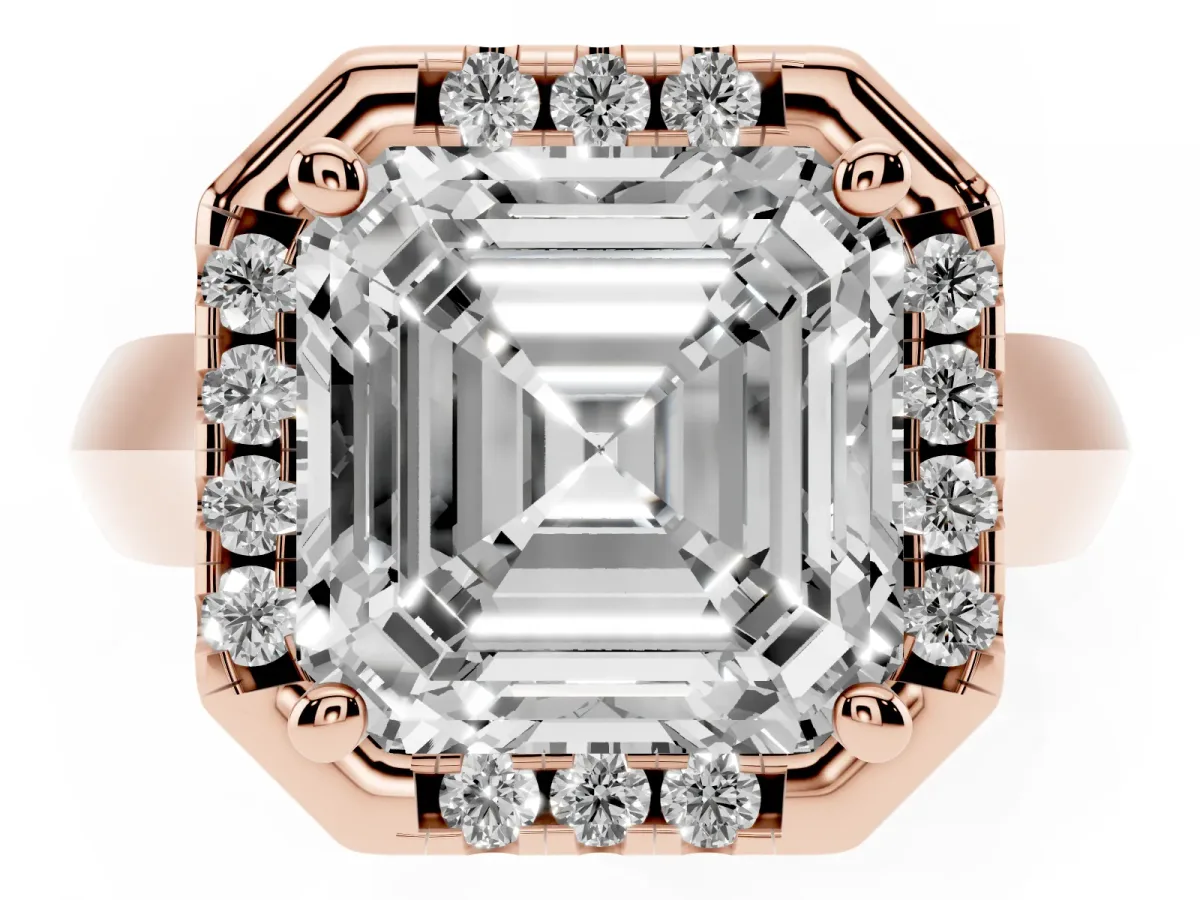 Asscher Cut Cut Halo Solitaire Engagement Ring with Square Band and Four-Prong Setting Rose gold